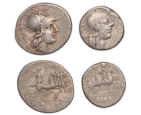 Q. Minucius Rufus, Denarius, c. 122, helmeted head of Roma right, x before, rev. Dioscuri riding right, 3.76g/2h (Craw. 277/1