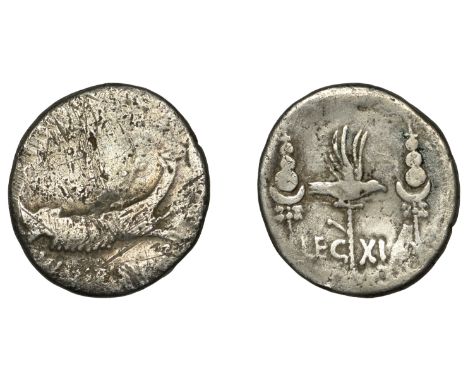 Mark Antony, Denarius, military mint moving with Antony possibly Patrae, 32-1, praetorian galley right, [ant avg] iii vir [r 