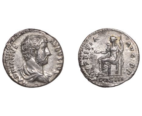 Hadrian (117-138), Denarius, 129-30, bare-headed, draped and cuirassed bust right, hadrianvs avgvstvs around, rev. Justitia s