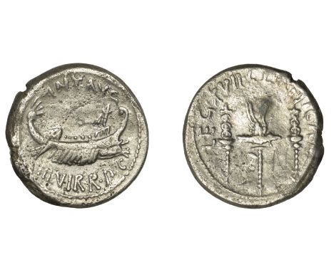 Mark Antony, Denarius, military mint moving with Antony possibly Patrae, 32-1, praetorian galley right, ant avg iii vir r p c