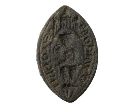 Late 13th century, a bronze seal matrix of pointed oval (vessica) shape, offset loop behind, Madonna and child seated beneath