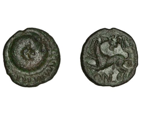 British Iron Age, CATUVELLAUNI, Cunobelin (AD 8 - 41), bronze Unit, coiled ram-headed serpent, rev. griffin left with head tu