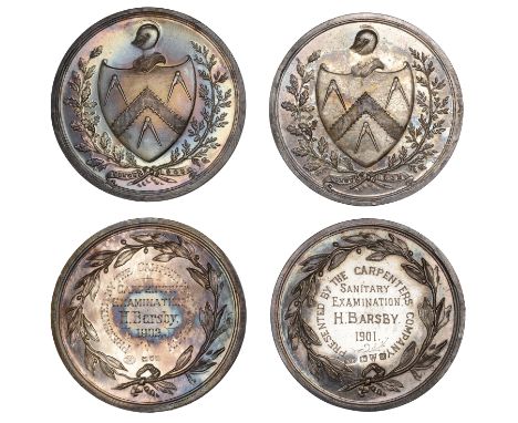 Worshipful Company of Carpenters, silver award medals (2) by Fattorini, named (Presented by the Carpenters Company, Sanitary 