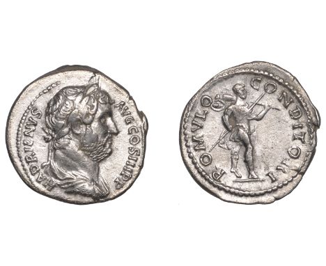 Hadrian (117-138), Denarius, 130, laureate and draped bust right, hadrianvs avg cos iii p p around, rev. Romulus in military 