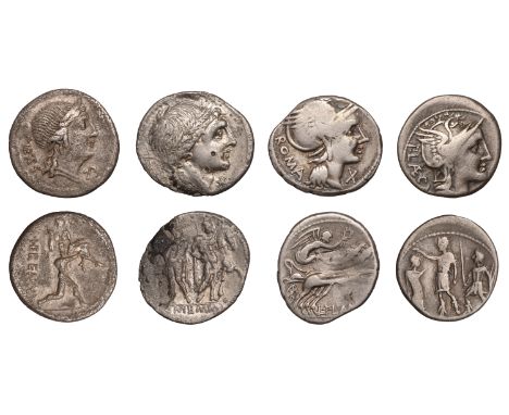M. Porcius Laeca, Denarius, c. 110-9, helmeted head of Roma right, rev. figure in military dress left, figure in toga to left
