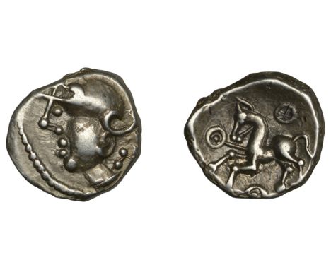 Continental Iron Age, EASTERN GAUL, Aedui, Quinarius, Class I, c. 1st Century BC, helmeted head of Roma left, rev. horse boun
