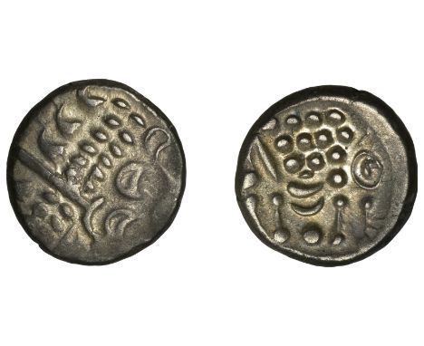 British Iron Age, DUROTRIGES, Uninscribed issues, silver Stater, disjointed head of Apollo, rev. disjointed horse left, 5.13g