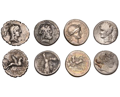 L. Procilius, Denarius, c. 80, laureate head of Jupiter right, rev. Juno Sospita standing right, holding shield and throwing 