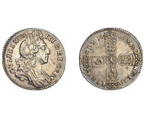 William III (1694-1702), Sixpence, 1696, first bust, large crowns, early harp (ESC 1202; S 3520). Good very fine, die mark in