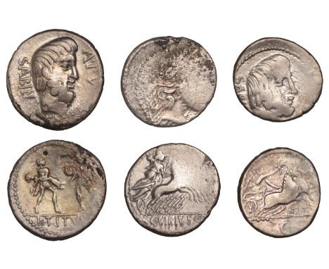 C. Vibius C.f. Pansa, Denarius, c. 90, laureate head of Apollo right, rev. Minerva driving quadriga right, 3.48g/7h (cf. Craw