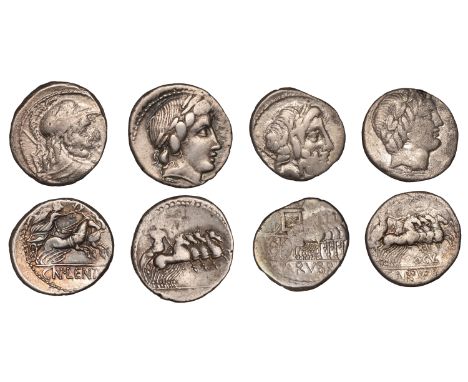 Cn. Cornelius Lentulus Clodianus, Denarius, c. 88, helmeted bust of Mars wearing a Corinthian helmet, seen from behind with h