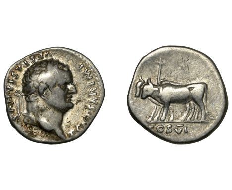 Titus (79-81), as Caesar, Denarius, 77-78, laureate head right, t caesar imp vespasianvs around, rev. yoke of oxen left, cos 