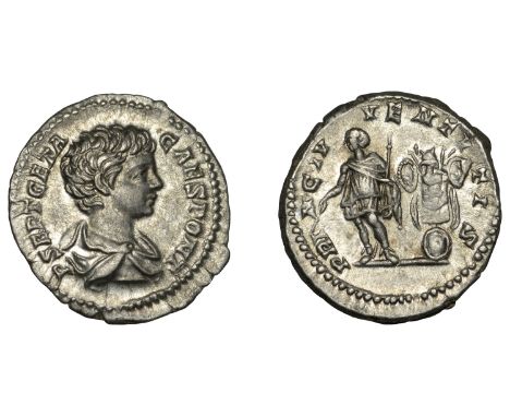 Geta (Cæsar 198-209), Denarius, 200-2, bare-headed and draped bust right, p sept geta caes pont around, rev. Geta, in militar