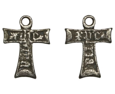 14/15th century, Tau cross silver pendant with suspension loop, 17mm x 12mm x 2mm, raised inscription, obverse reads ihc acro