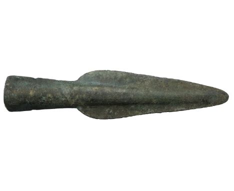 European Bronze Age, c. 1200-1000 BC, leaf shape spearhead with bevelled edges and flat mid-rib, round socket pierced by late