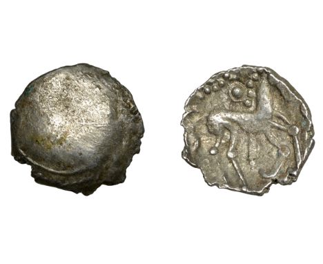 British Iron Age, ICENI, Uninscribed issues, silver Unit, Punk Head type, male head right with herringbone hair, rev. horse r