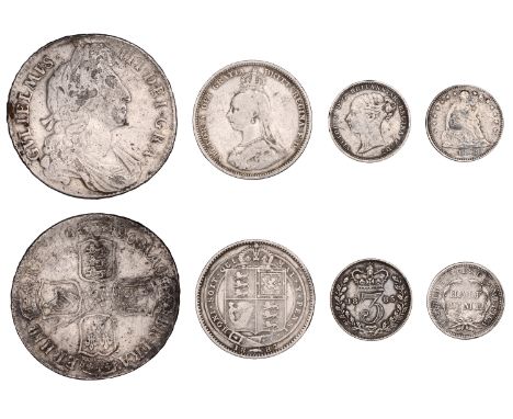William III, Halfcrown, 1696, large shields, early harp, edge octavo (S 3481); Victoria, Shilling, 1887, Threepence, 1885 (S 