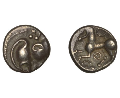 Continental Iron Age, CENTRAL GAUL, Aedui, silver Quinarius, helmeted head left, rev. horse left with rings above and below, 