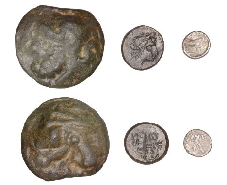 LUCANIA, Poseidonia, Diobol, c. 410-350, Poseidon standing right, casting trident, rev. bull standing right, 1.17g (HN Italy 