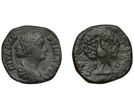 Diva Faustina II (Cosecrated in 175), Sestertius, 176-80, draped bust right, diva favstina pia around, rev. peacock, with tai