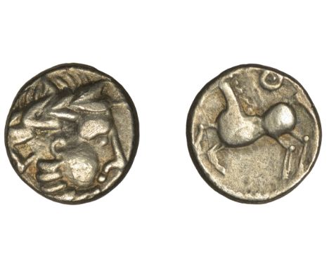 Continental Iron Age, Eastern Celts, Danubian, silver Drachm, Kugelwange type, laureate head of Zeus right, rev. horse left, 
