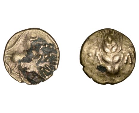 British Iron Age, CATUVELLAUNI, Cunobelin (AD 8 - 41), plated Quarter-Stater, Wild B type [Class 5], ear of barley with four 