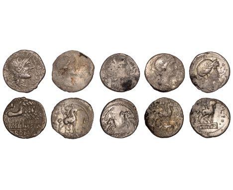Q. Curtius and M. Silanus, Denarius, c. 116-5, helmeted head of Roma right, rev. Jupiter driving quadriga right, lituus above