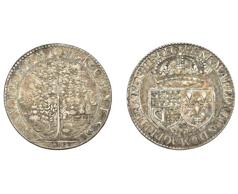 Tribute to Henrietta Maria of Bourbon, 1628, a silver medal by N. Briot, conjoined shields of England and France crowned, rev