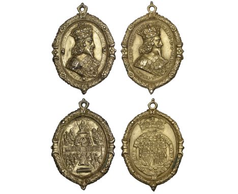 Charles I, a modern gilt copy of The Declaration of Parliament after Thomas Rawlin, an oval badge, crowned bust of the King r