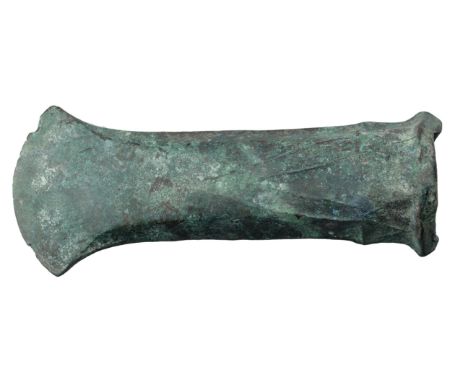 European Bronze Age, Axe, c. 1000–800 BC, socketed conical mouth with V-shaped ribbed  decoration below, straight sided body 
