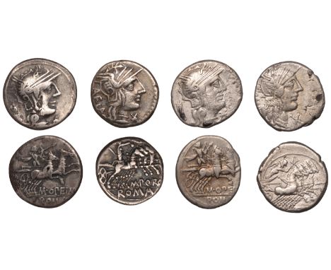 M. Opeimius, Denarii (2), c. 131, helmeted head of Roma right, tripod behind, x crossed before, rev. Apollo driving biga righ