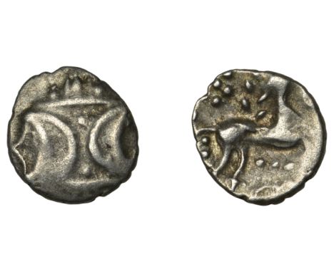 British Iron Age, ICENI, Antedios, silver Unit, double crescent emblem on vertical wreath, rev. horse right, triad of pellets