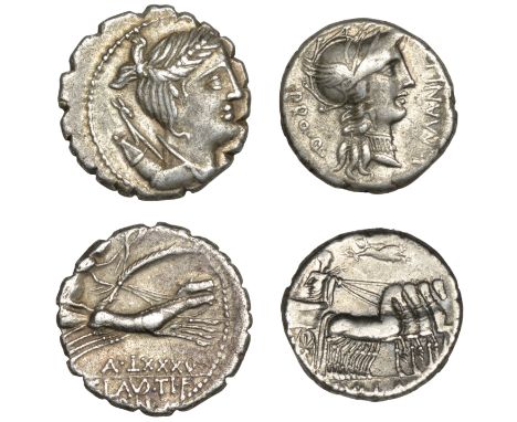 Lucius Cornelius Sulla with Lucius Manlius Torquatus, Denarius, mint moving with Sulla, c. 82, helmeted head of Roma right, r