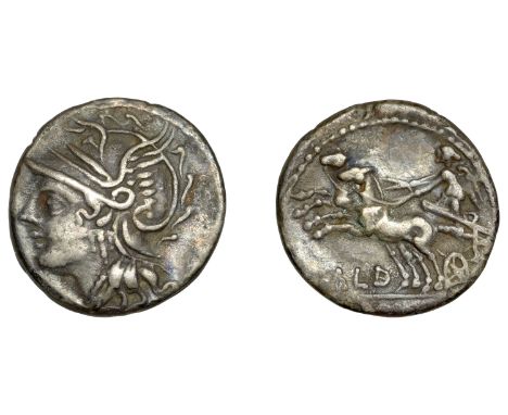 C. Coelius Caldus, Denarius, c. 104, helmeted head of Roma left, rev. Victory driving biga left, cald below, 3.80g/1h (Craw. 