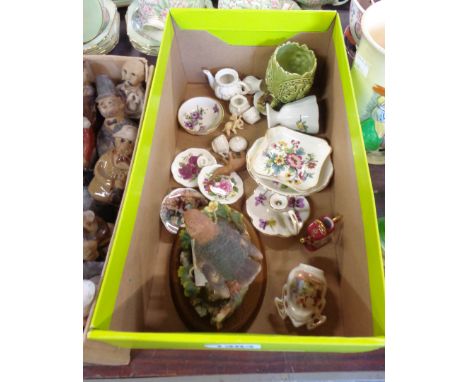 A small box containing assorted ceramics including Hammersley miniatures, Country Artists bird figurine, etc.