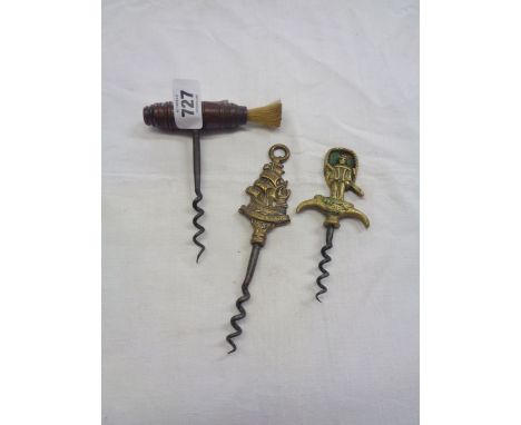 A Victorian corkscrew with turned wood handle and brush - sold with two vintage brass handled examples