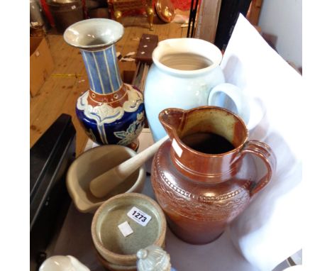 A selection of ceramic items including four Leach pottery St Ives, standard ware dishes, stoneware pestle and mortar, etc.