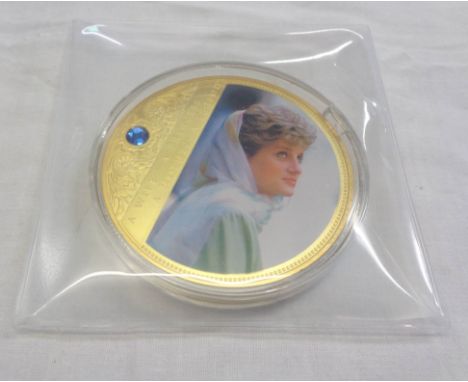 An encapsulated 70mm diameter Diana A Legend gold plated and Swarovski crystal proof commemorative portrait coin - with certi