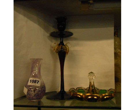 A mid 20th Century Venetian glass candlestick, a small Caithness bud vase and a Bohemian flash cut ring stand - a/f