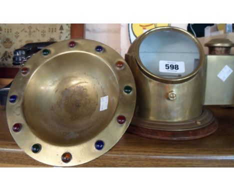 A reproduction table compass binnacle - sold with a brass dish with inset cabochon to rim