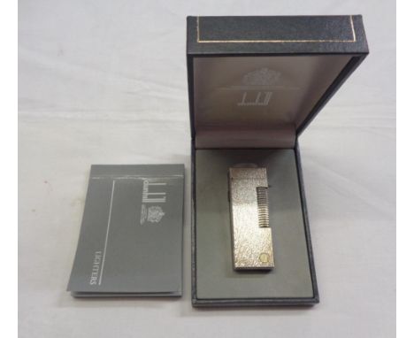 A vintage Swiss made Dunhill rollagas lighter in original case with silver plated hammered finish - certificate of authentici