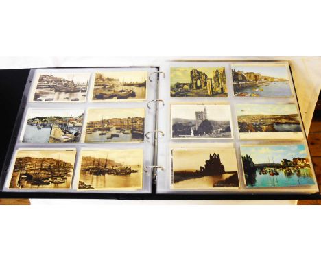 A large red ring bound album containing a collection of 300+ early and later 20th Century postcards, including Brixham, other