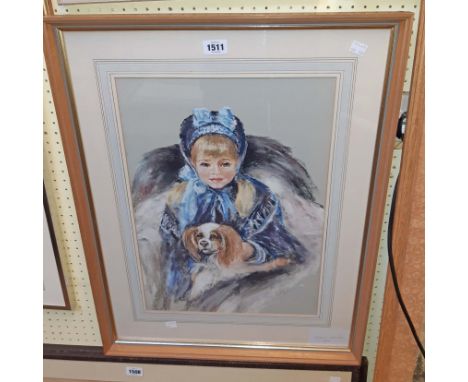 Jenson Woodward: a framed pastel portrait of a seated young woman wearing a bonnet and holding a spaniel - signed and dated 1