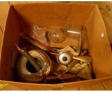 A box containing assorted collectable items including brass candlestick, plated kettle, telescopic toasting forks, etc.