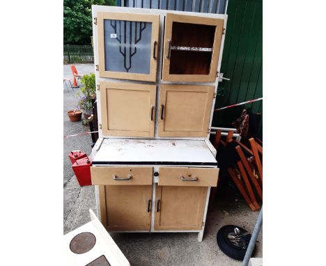 A 1930's kitchen larder cabinet with pull out enamel pastry shelf and decorative frosted glass panel - a/f