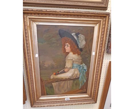 †J. Shepherd: a gilt gesso framed oil on board portrait of a young lady wearing a feathered hat - signed, circa 1901 - 59cm X