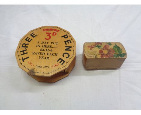 A vintage treen 3d money box - sold with another