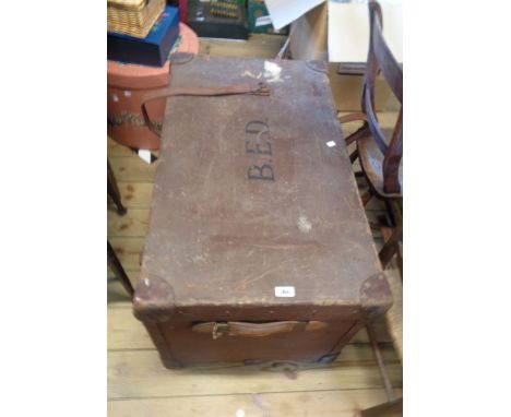 A 92cm vintage travelling trunk with leather bound corners, canvas weather coating and tray fitted interior - B.E.D. initials