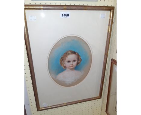 A framed early 19th Century pastel portrait of a young girl - oval - 26.5cm X 21cm