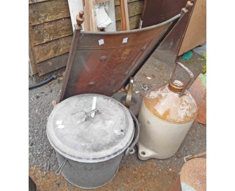 A galvanised steel lidded milk straining bucket - sold with a cider flagon, firescreen and kettle